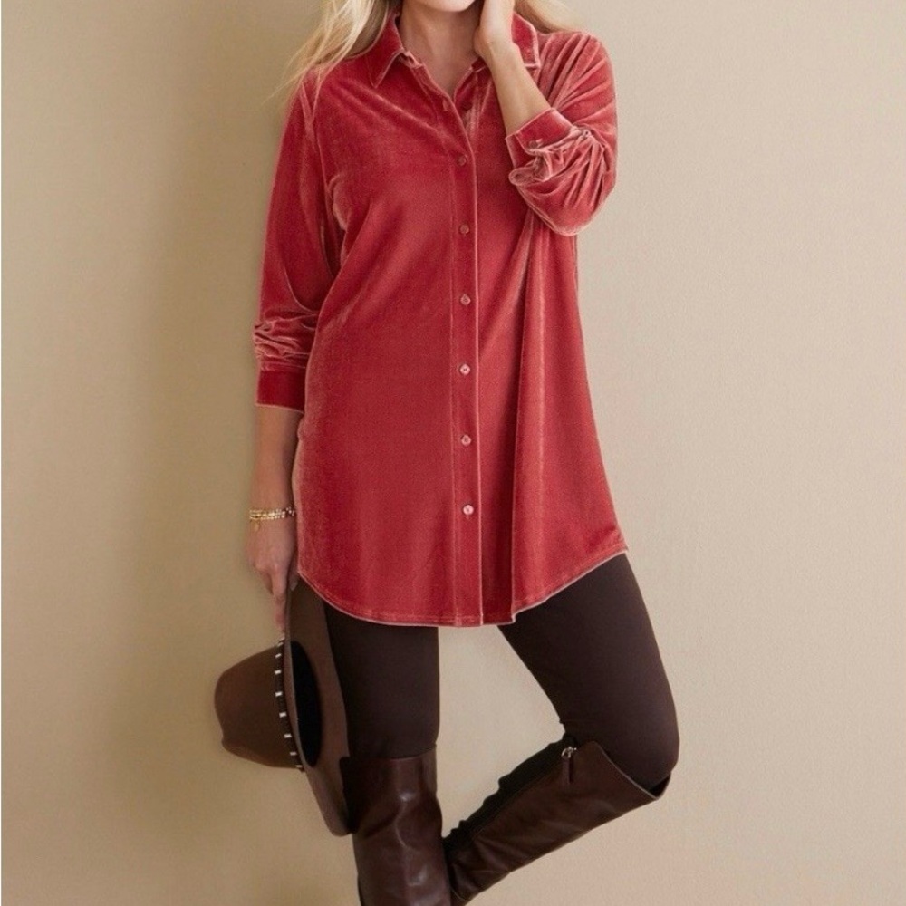 Soft Surroundings Velvet boyfriend Button Shirt large Aline blouse romantic chic